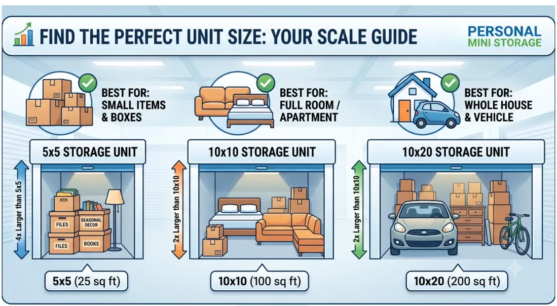 Scale is illustrative and approximate. Consult our experts.* 2026 Personal Mini Storage